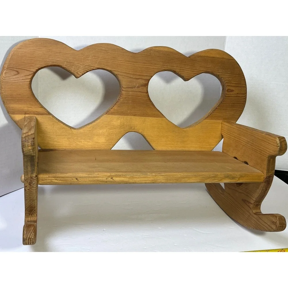 Vintage Wooden Cottagecore Rocking Bench Heart Cutouts Pine  Natural Finish